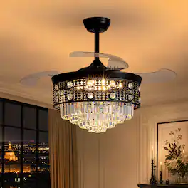 Siljoy - 42 Inch French Retro Crystal Ceiling Fan With Hidden Blades Adjustable Hanging Rod For Bedroom Living Room - Black