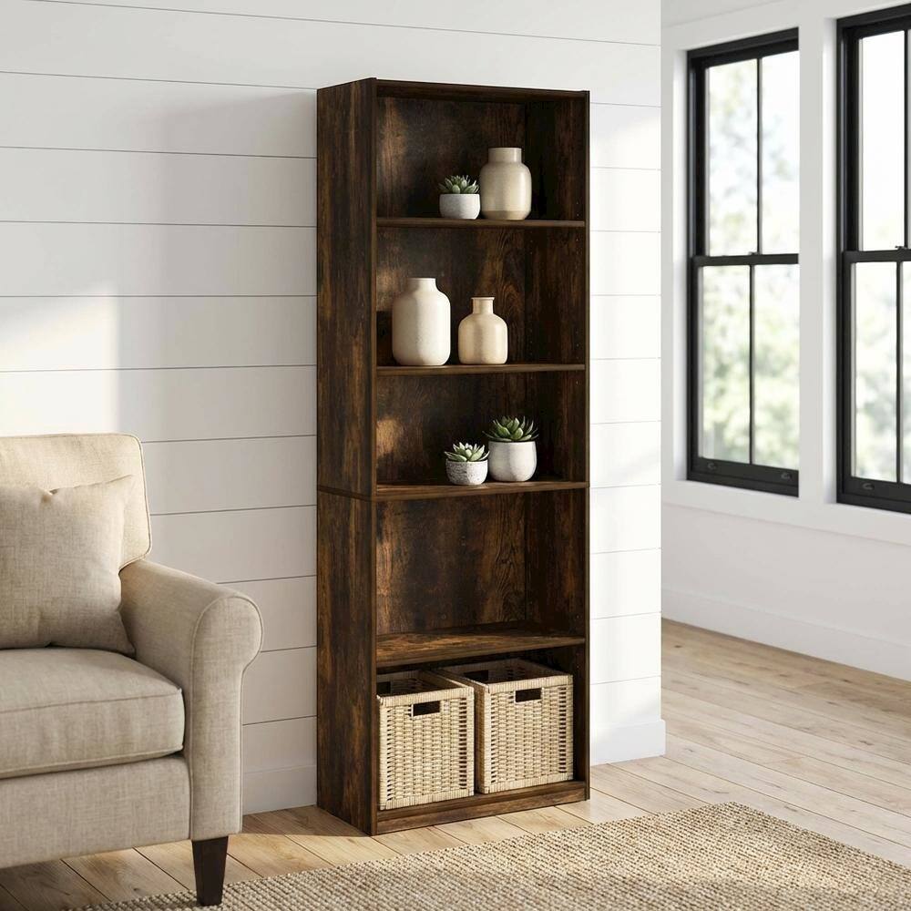 Angle. FurniFact - Wood Bookcase with Adjustable Shelves and Modern Design - Amber Pine.