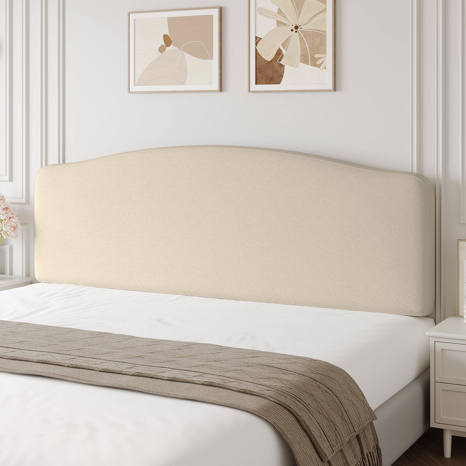 Angle. Pinmoco - Curved Upholstered Headboard with Adjustable Height & Easy Plug-in Mount, Scratch-Resistant Towel Velvet - off-white.