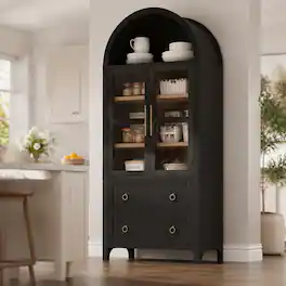 RYHNUYNE - Freestanding 71 Inch Arched Kitchen Pantry Cabinet with 2 Drawers and Adjustable Shelves, Glass Door - Black