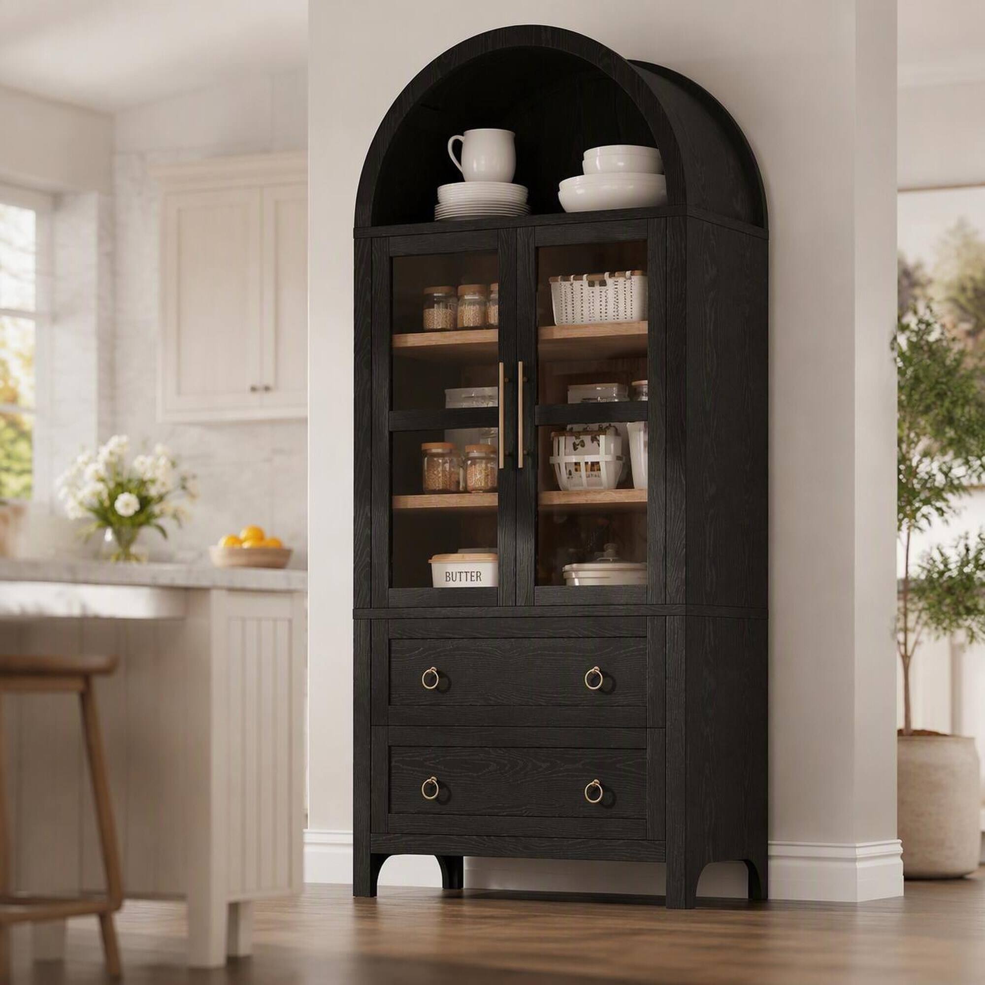 Front. RYHNUYNE - Freestanding 71 Inch Arched Kitchen Pantry Cabinet with 2 Drawers and Adjustable Shelves, Glass Door, Black - Black.