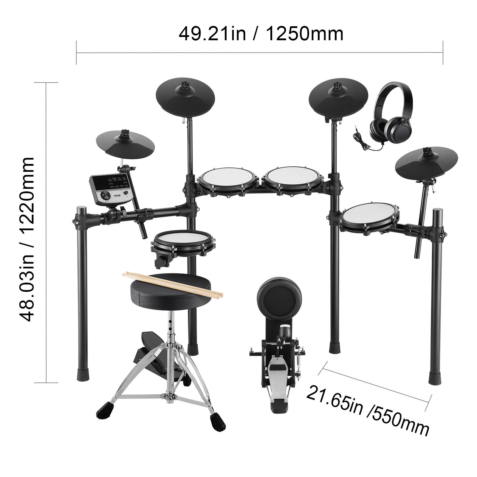 49.21in / 1250mm  
48.03in / 1220mm  
21.65in / 550mm