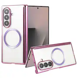 Dteck - Electroplated Clear Case for Samsung Galaxy Z Fold7 with Hinge Guard, Rigid PC Magnetic Cover, Raised Edge Screen Camera - Purple