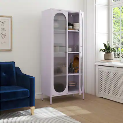 Front. Aukfa - Tall 2-Door Accent Cabinet - Fluted Glass Doors, 4 Shelves (3 Adjustable), 31.5"W x 72.8"H, Metal Frame - Purple.