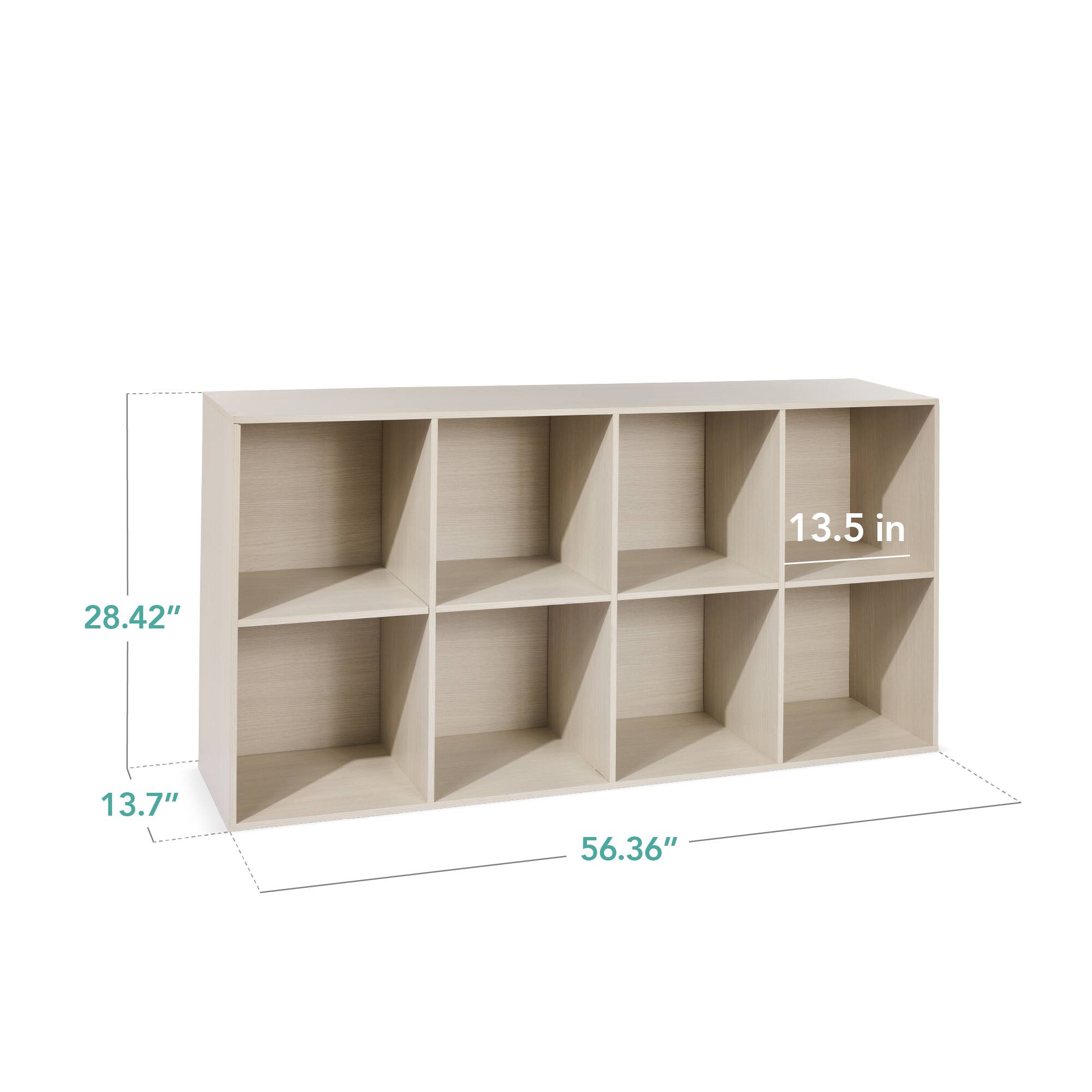 The dimensions of the shelf are:
- Height: 28.42"
- Depth: 13.7"
- Width: 56.36"
- Shelf depth: 13.5 in