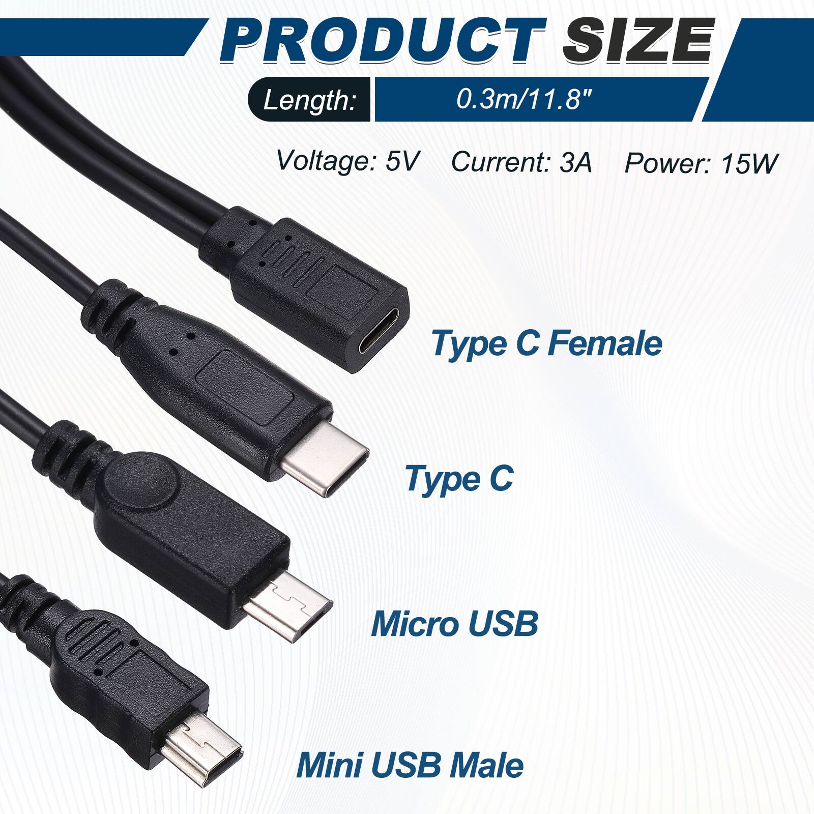 PRODUCT SIZE  
Length: 0.3m/11.8"  
Voltage: 5V  
Current: 3A  
Power: 15W  

Type C Female  
Type C  
Micro USB  
Mini USB Male