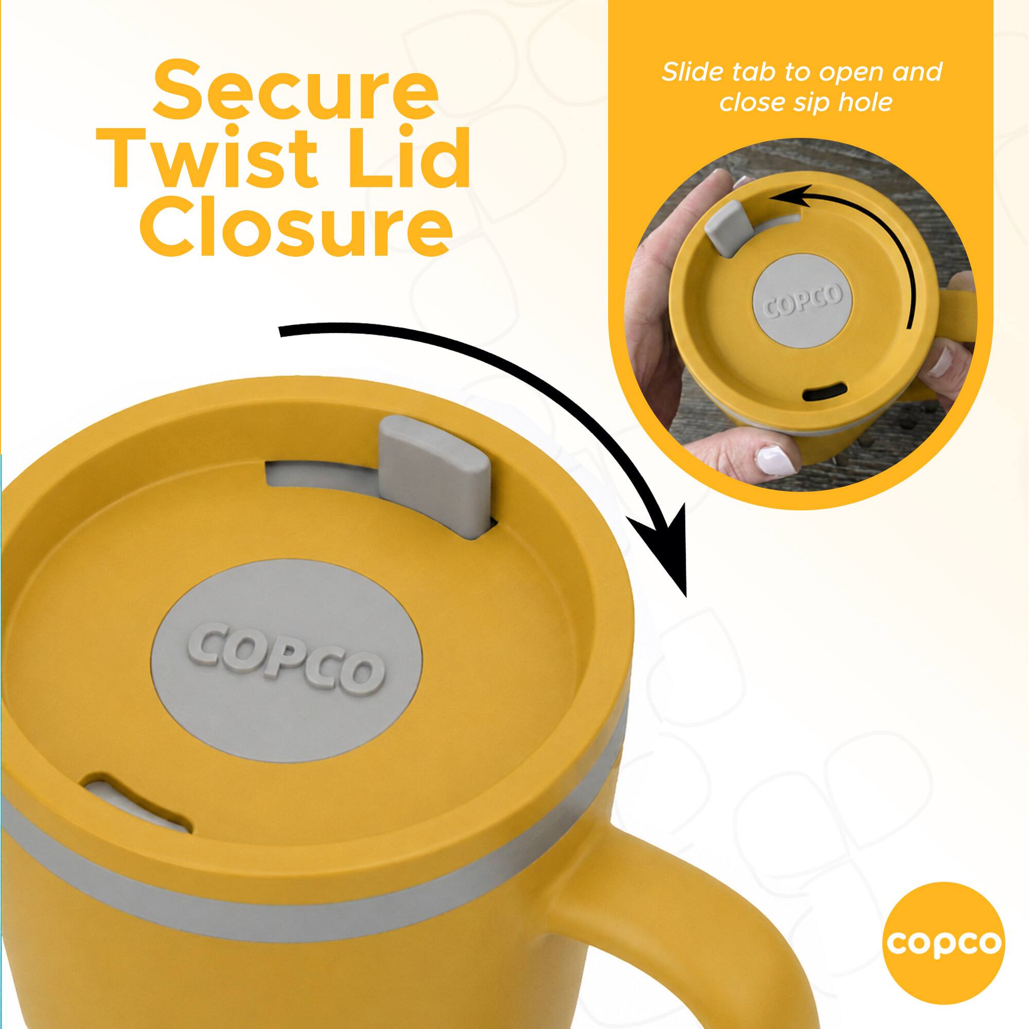 Slide tab to open and close sip hole  
Secure Twist Lid Closure  
COPCO