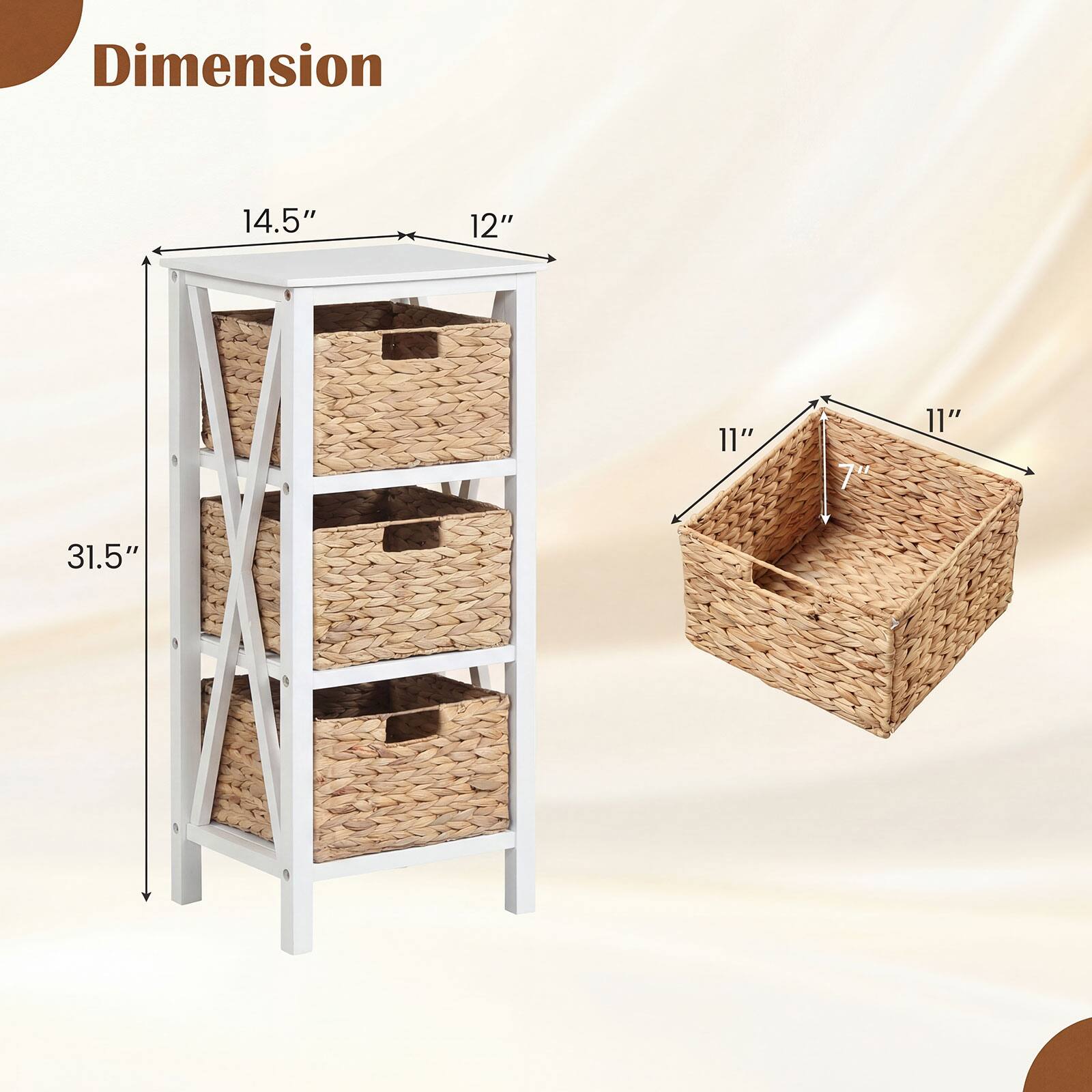 Dimension: 14.5" x 12" x 31.5"  
Basket: 11" x 11" x 7"