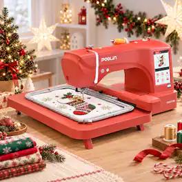 Poolin - EOC07-RedEdition 15" x 8" Huge Area Computerized Embroidery Machine with 4 Hoops, Starter Kit & Wifi for Home Business - Red
