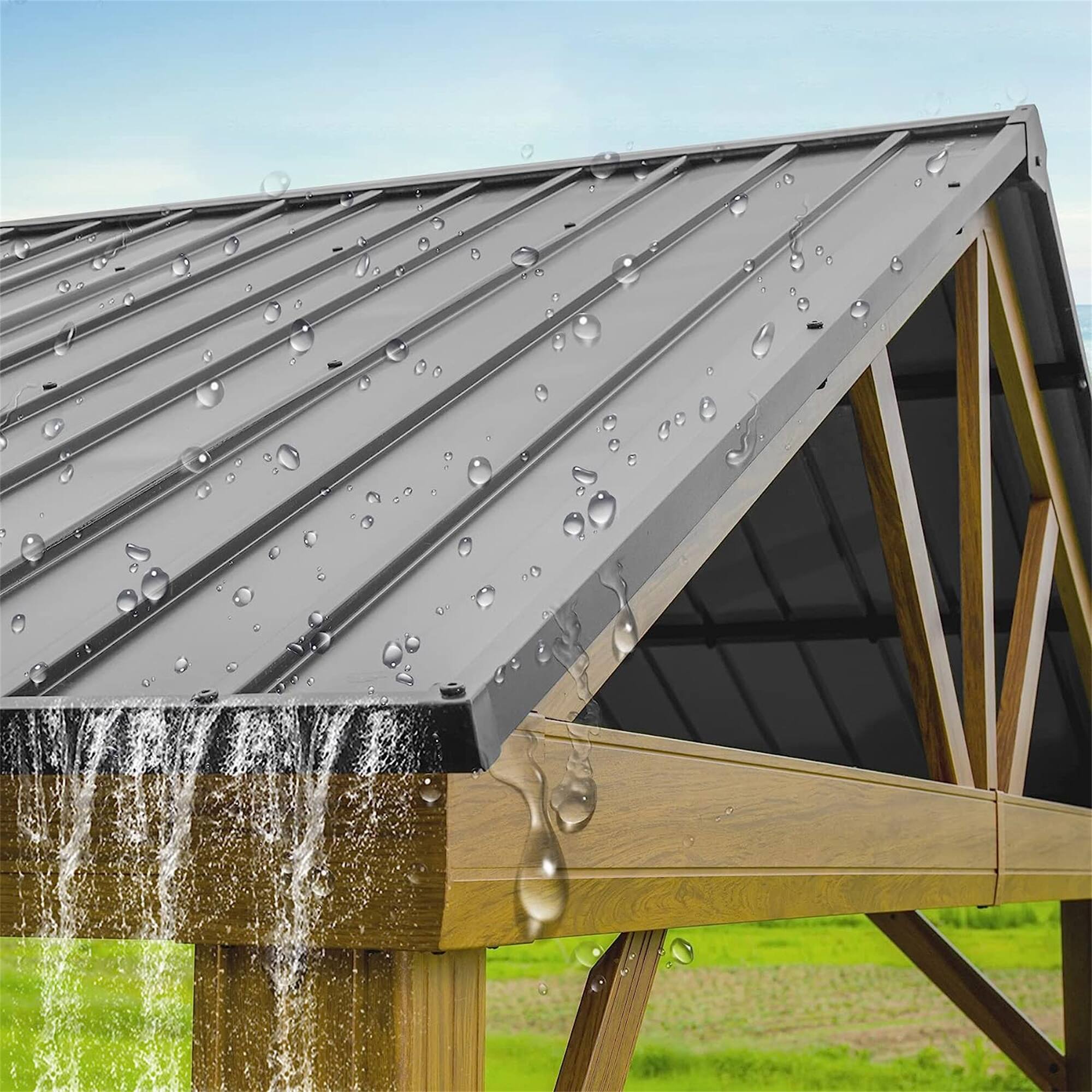 Back. Mondawe - 12x14FT Hardtop Gazebo with Aluminum Frame - Yellow Brown.