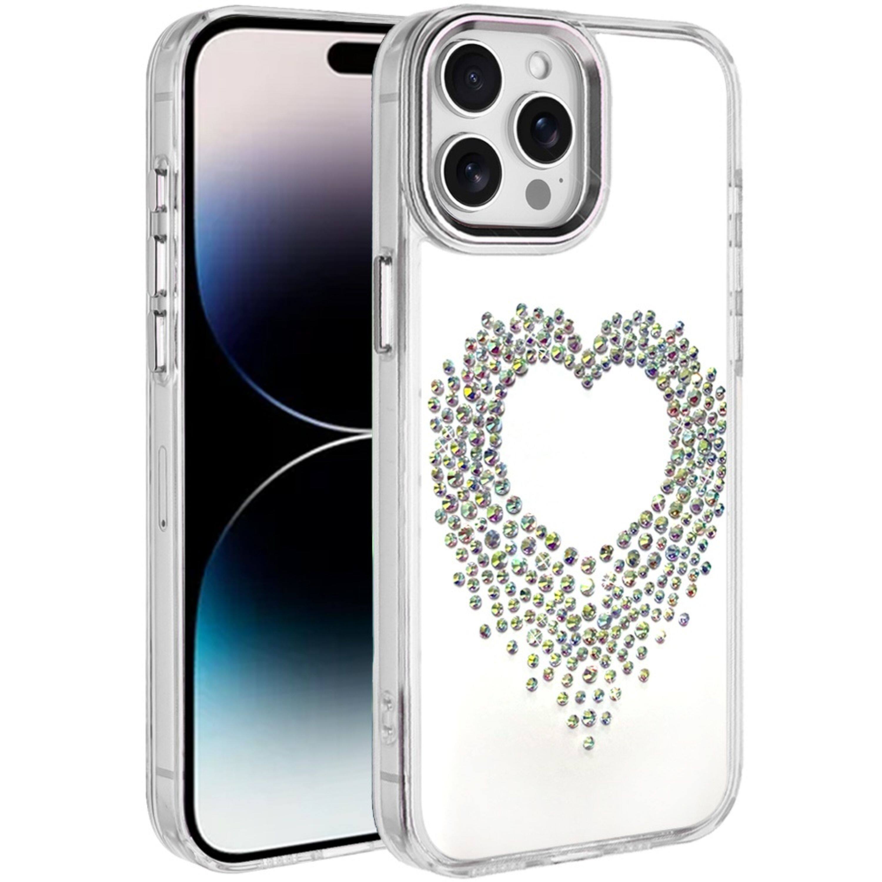 Angle. Kitcheniva - Heart-Shaped Rhinestone Chrome Phone Cover For iPhone 14 Pro Max Silver - Silver.