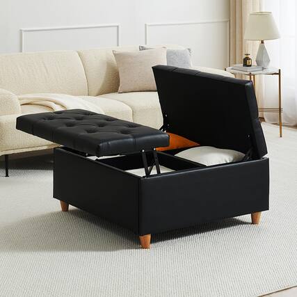 Front. Jojoka - Large Lift-Top Ottoman Coffee Table, 34.6" Tufted Sherpa Storage Bench, Multi-Functional Square Ottoman - Black-PU.