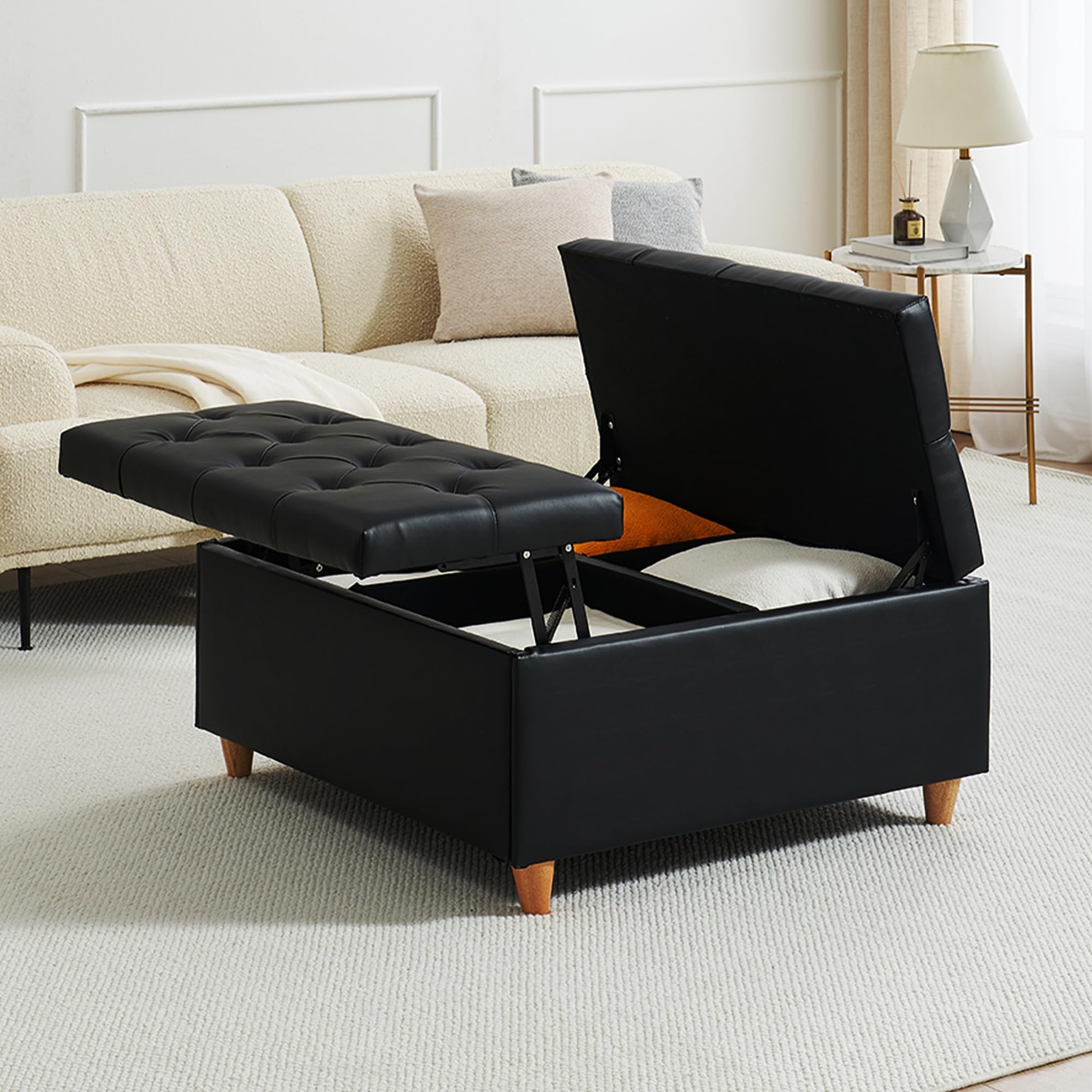 Front. Jojoka - Large Lift-Top Ottoman Coffee Table, 34.6" Tufted Sherpa Storage Bench, Multi-Functional Square Ottoman - Black-PU.