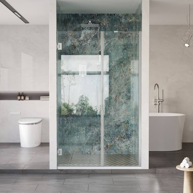 Front. WELLFOR - 45–46 in. W x 72 in. H Frameless Hinged Shower Door with 3/8" Clear Tempered Glass, Reversible Opening - Chrome.