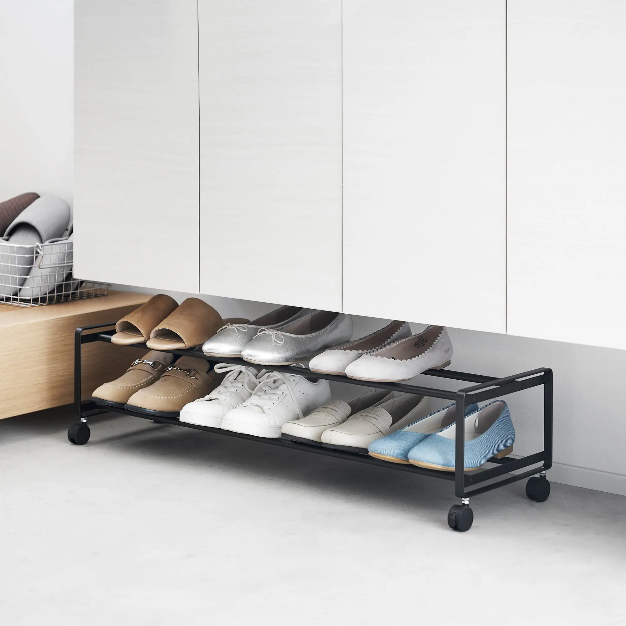 Alt View 6. Yamazaki Home - Two-Tier Rolling Shoe Rack (" H)  - Steel - Black.