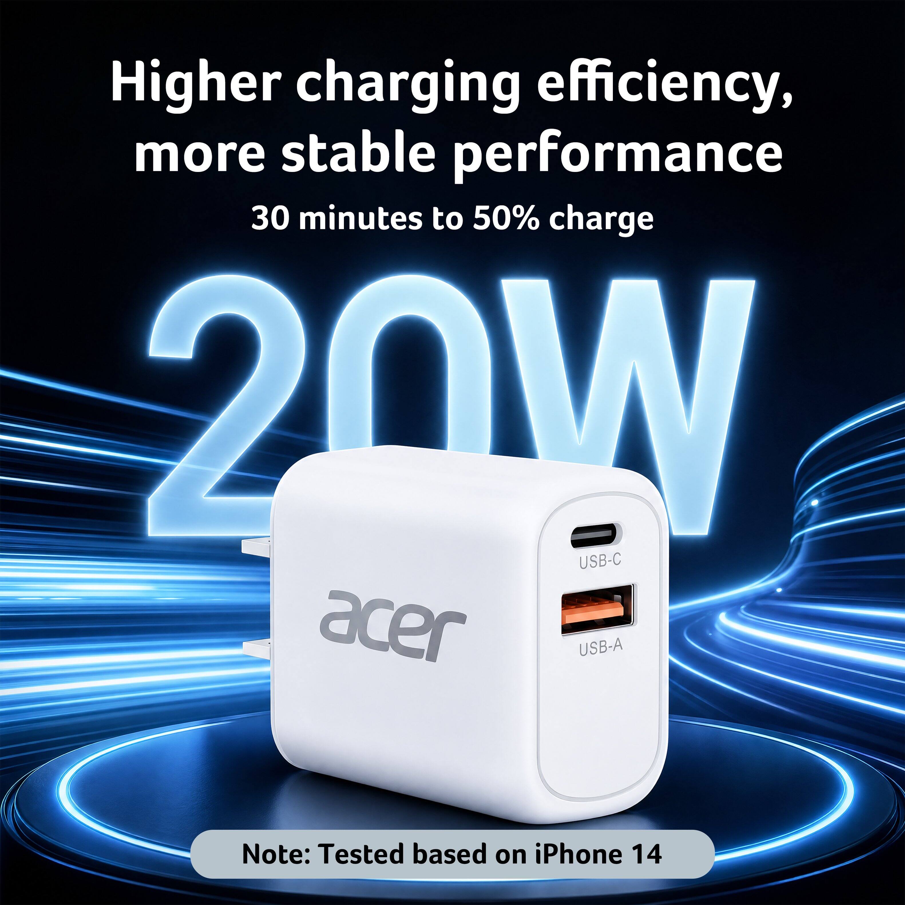 Higher charging efficiency, more stable performance  
30 minutes to 50% charge  
20W USB-C  
acer USB-A  
Note: Tested based on iPhone 14