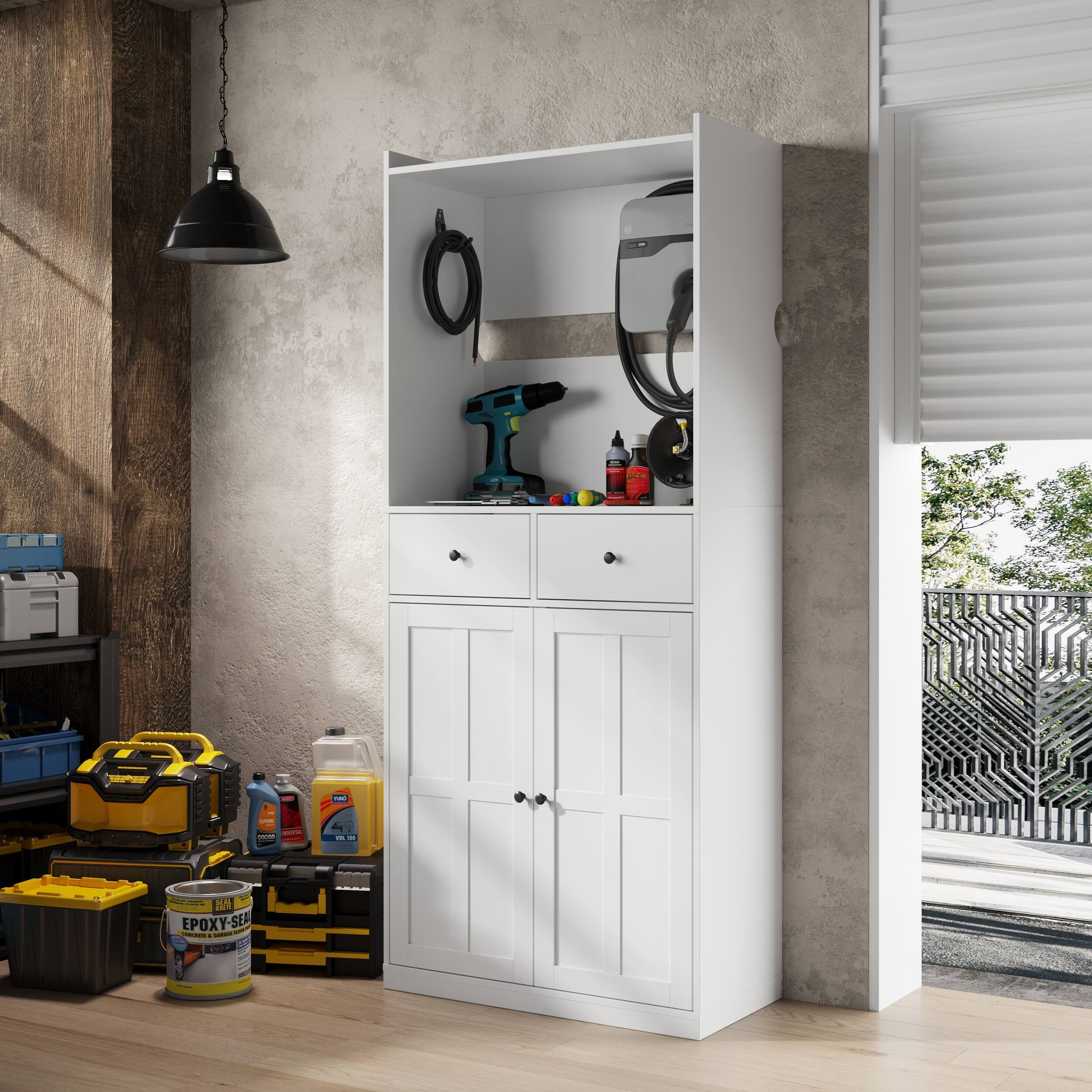 Alt View 6. Famapy - Modern Garage EV Charger Storage Cabinet with Cable Hooks, 2 Drawersr for Tools and Charging Station - White.