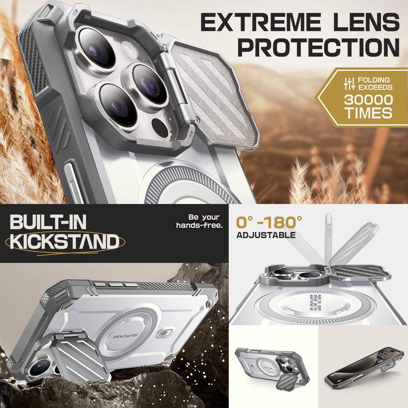 EXTREME LENS PROTECTION +1 FOLDING TT+ EXCEEDS 30000 TIMES BUILT-IN KICKSTAND. Be your hands-free. 0°-180° ADJUSTABLE. SUPCASE SUPCARE.