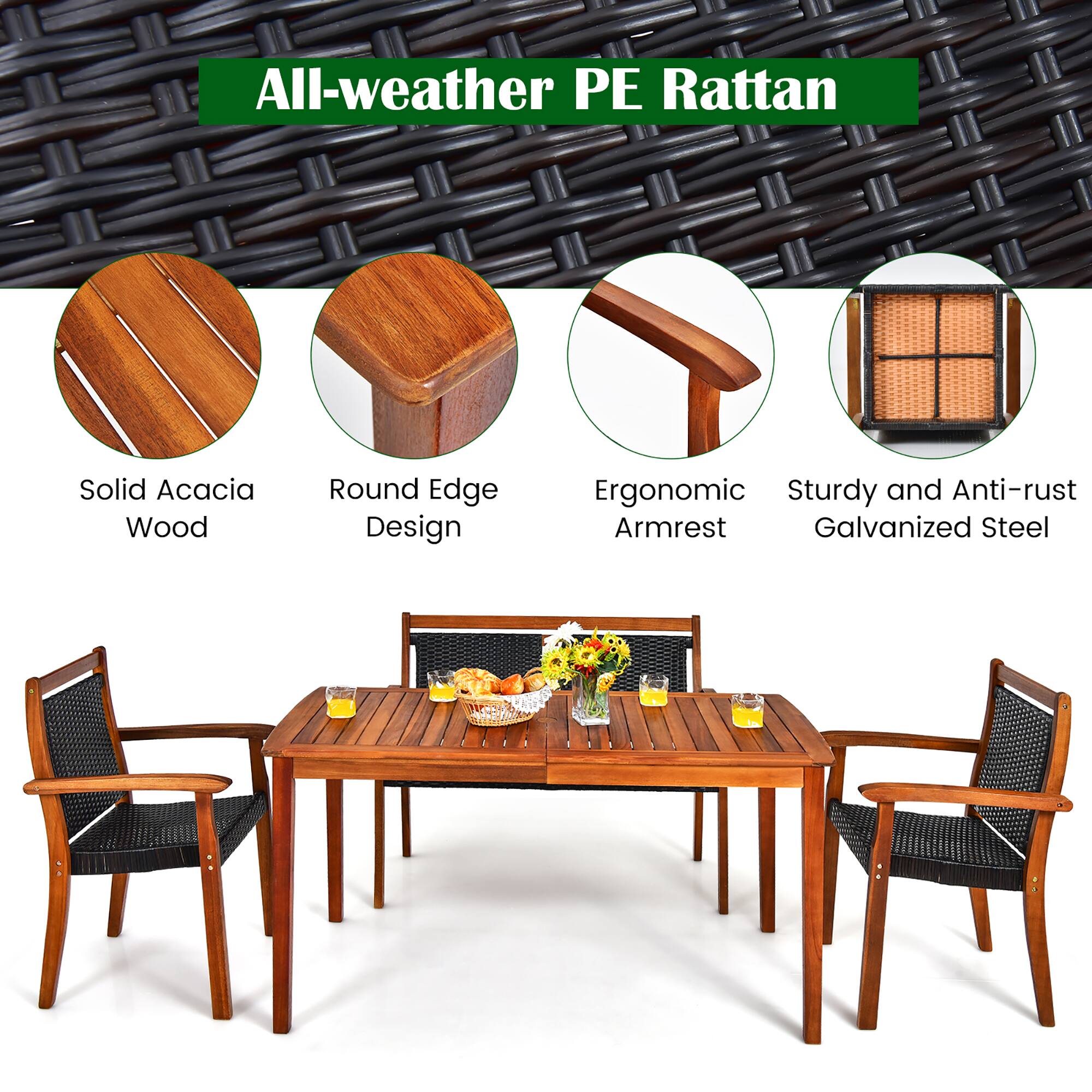 All-weather PE Rattan

- Solid Acacia Wood
- Round Edge Design
- Ergonomic Armrest
- Sturdy and Anti-rust Galvanized Steel