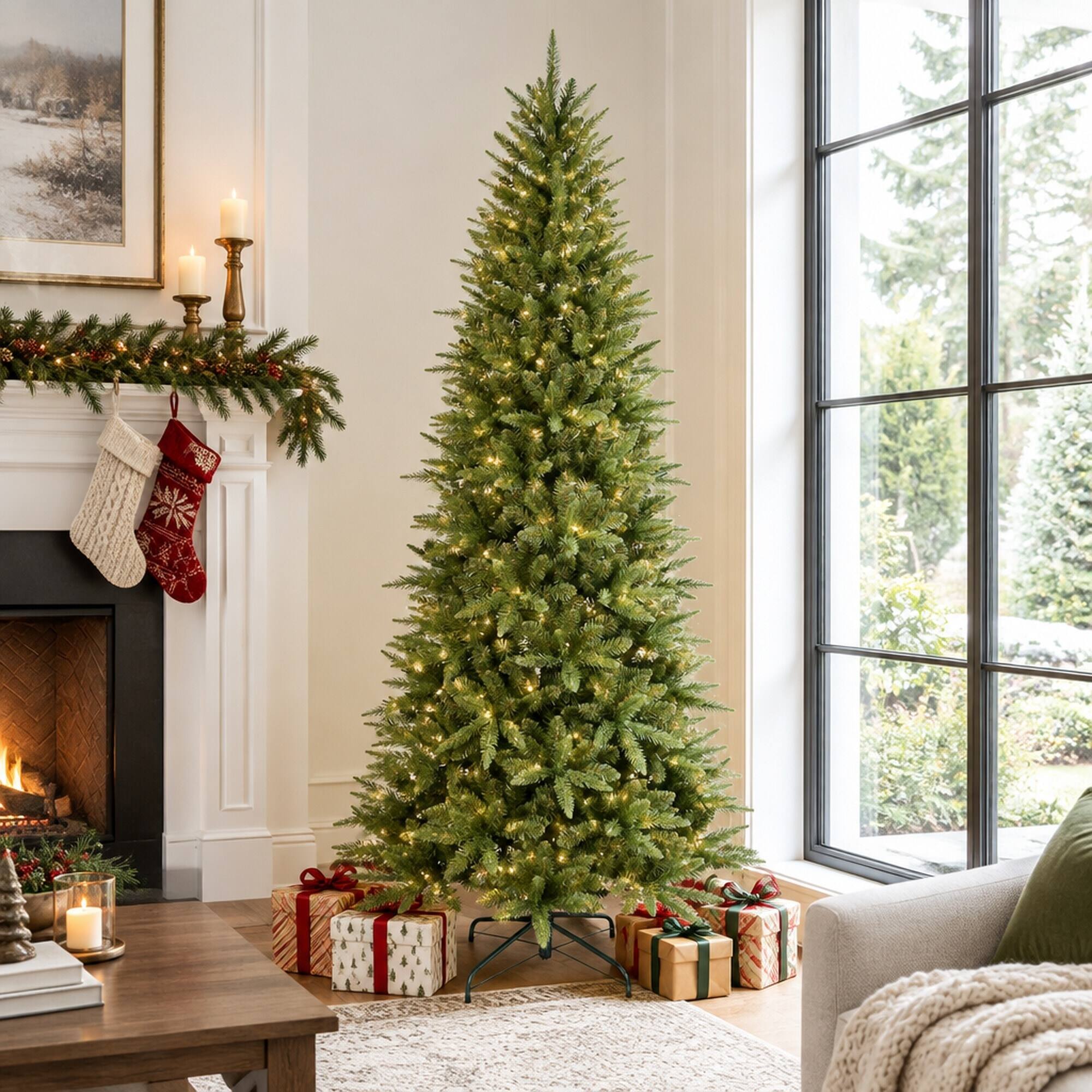 Back. RYHNUYNE - 7FT Slim Artificial Christmas Tree With 1180 PE and PVC Tips and Hinged Branches, Metal Stand for Small Spaces - Green.