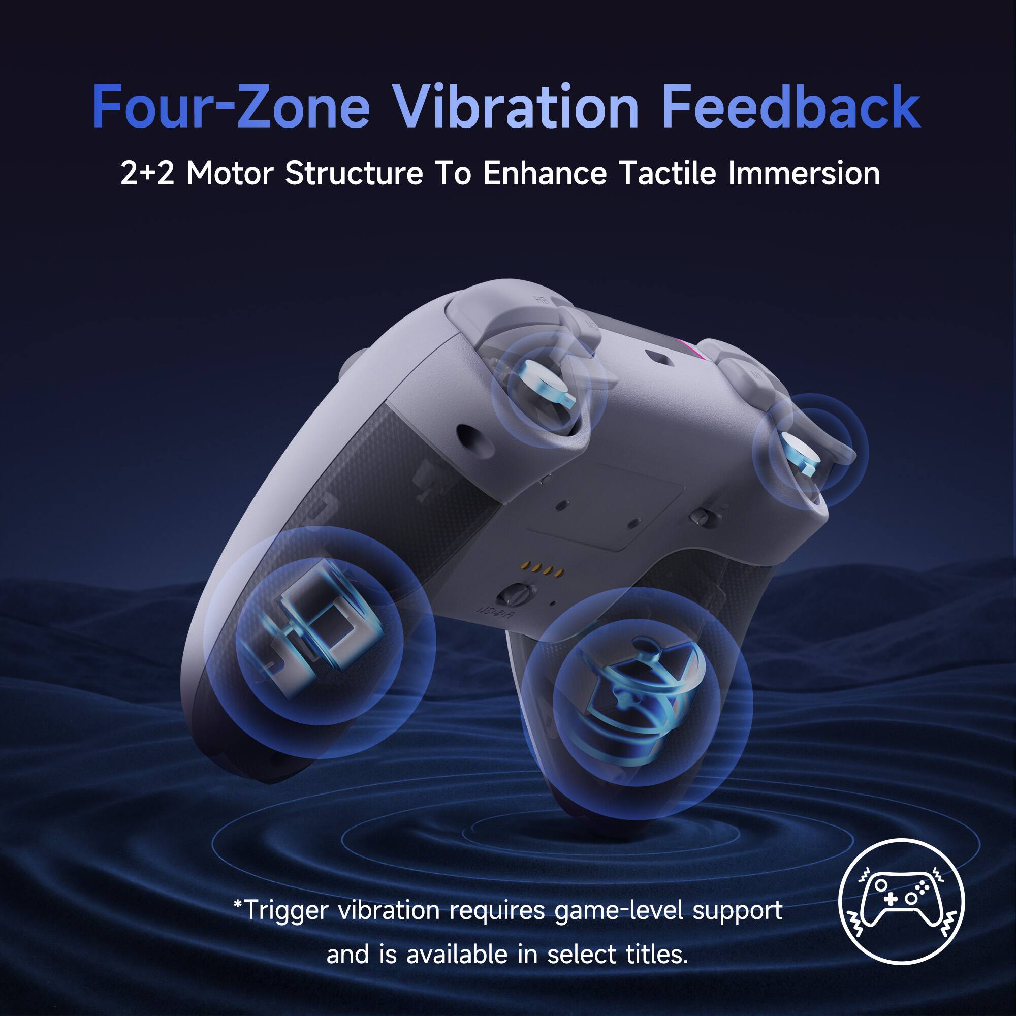 Four-Zone Vibration Feedback  
2+2 Motor Structure To Enhance Tactile Immersion  

*Trigger vibration requires game-level support and is available in select titles.