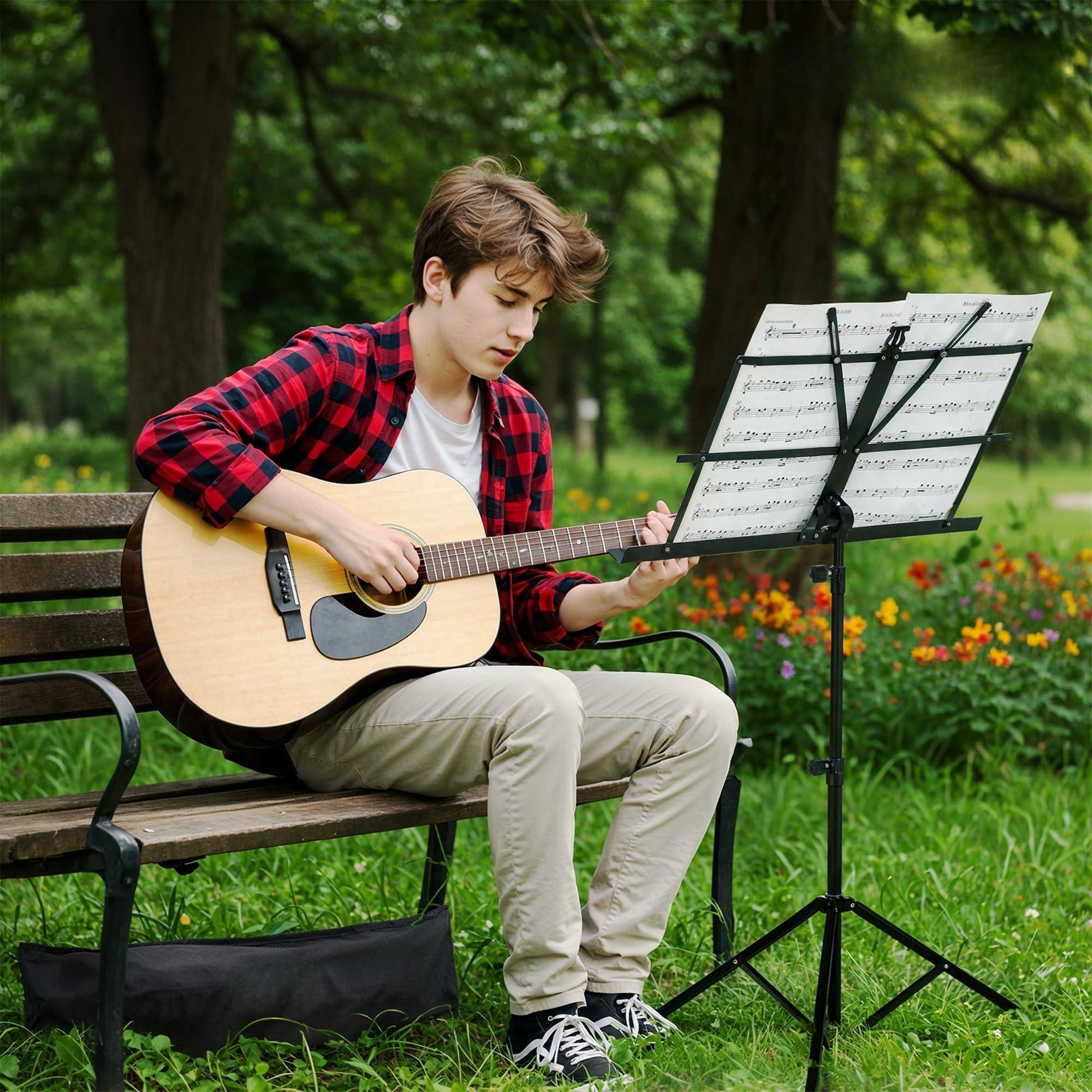 Alt View 4. MAGICAL RUBS - Portable Sheet Music Stand: Dual Use Desktop Book Holder Folding Lightweight Extra Stable Reinforced With Carrying Ba... - Black With Light Version.