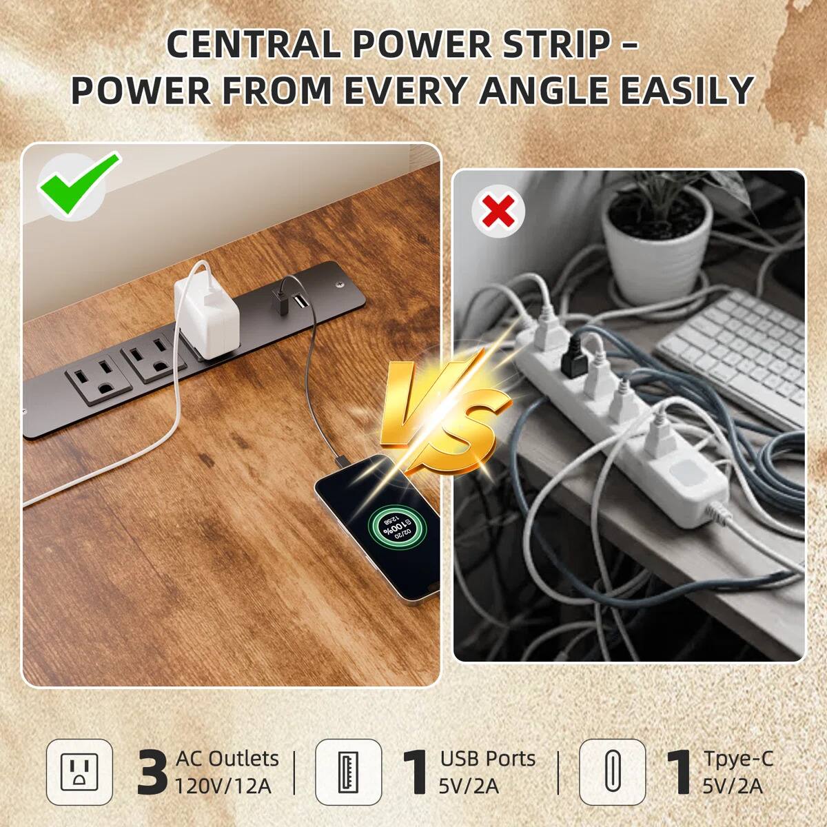 CENTRAL POWER STRIP - POWER FROM EVERY ANGLE EASILY

- 3 AC Outlets 120V/12A
- 1 USB Port 5V/2A
- 1 Tpye-C 5V/2A