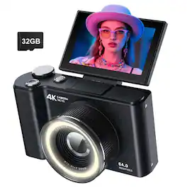 PRIMEPLUS - 4K Digital Camera with 64MP CCD Sensor 180 Flip Screen 16X Zoom and 32GB Card for Vlogging Travel - Black