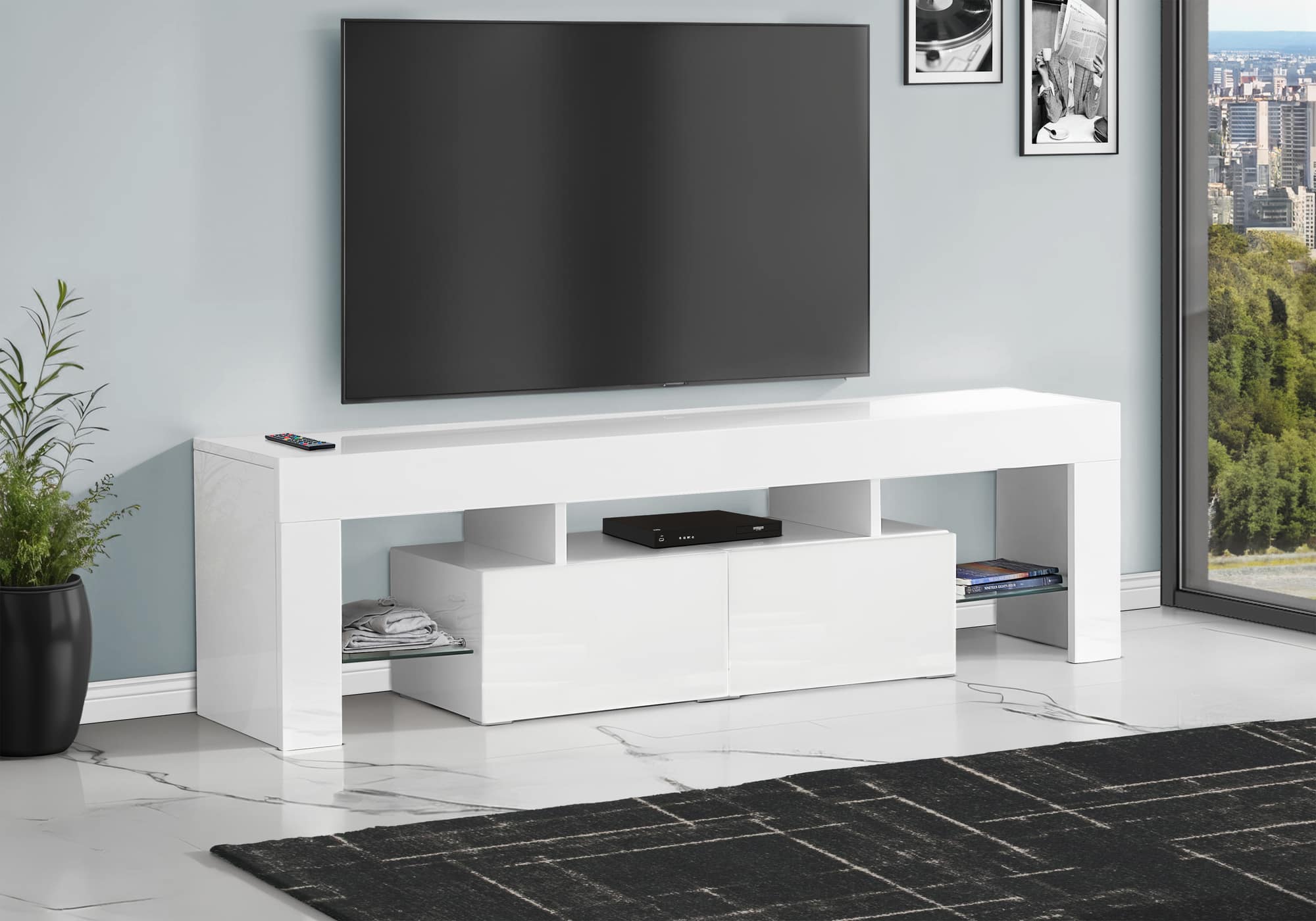 APRILSOUL - Tv Stand 63 Inch Console Media Entertainment Center Storage Cabinet Glossy Laminate Contemporary Modern - White