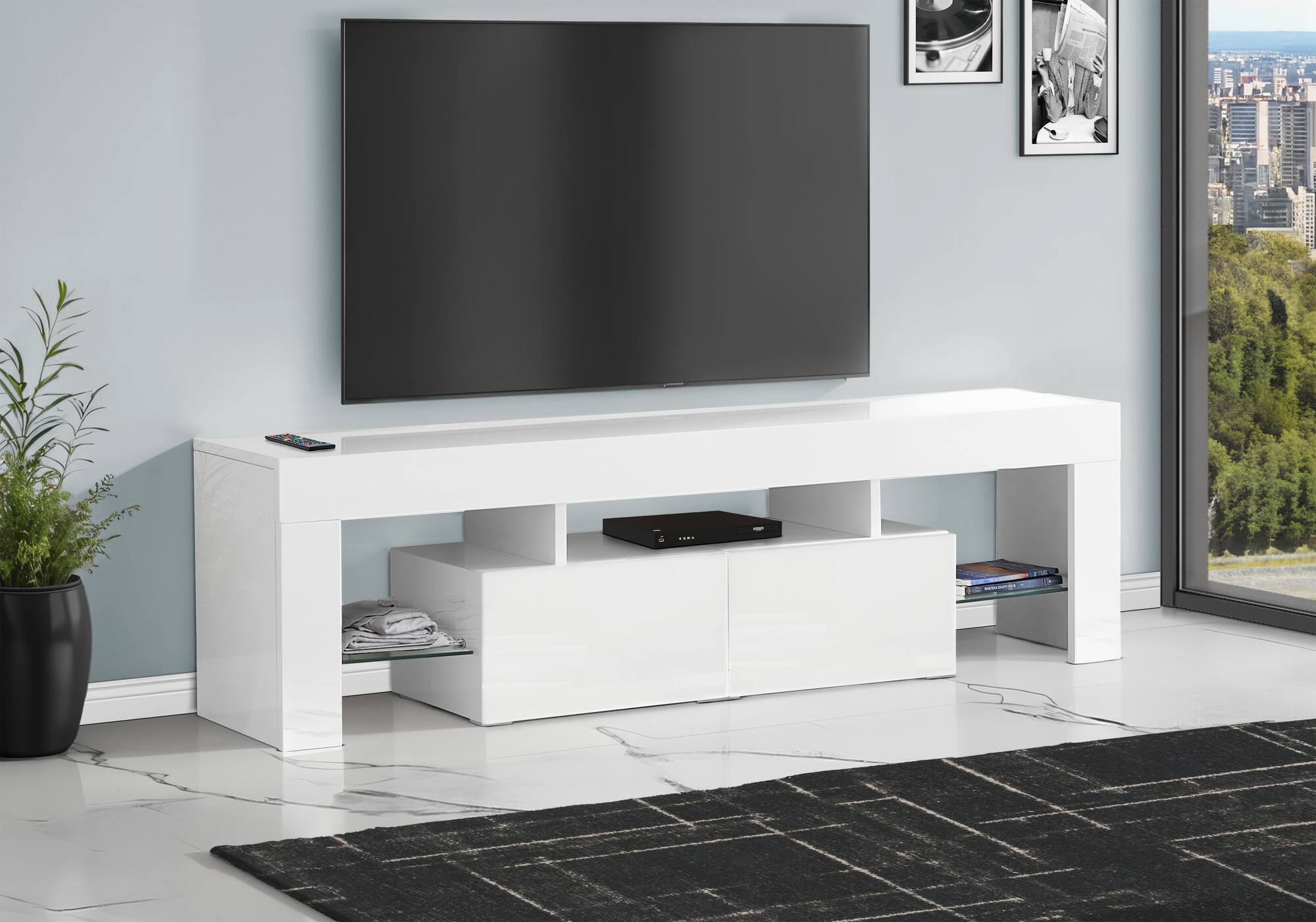APRILSOUL - Tv Stand 63 Inch Console Media Entertainment Center Storage Cabinet Glossy Laminate Contemporary Modern - White