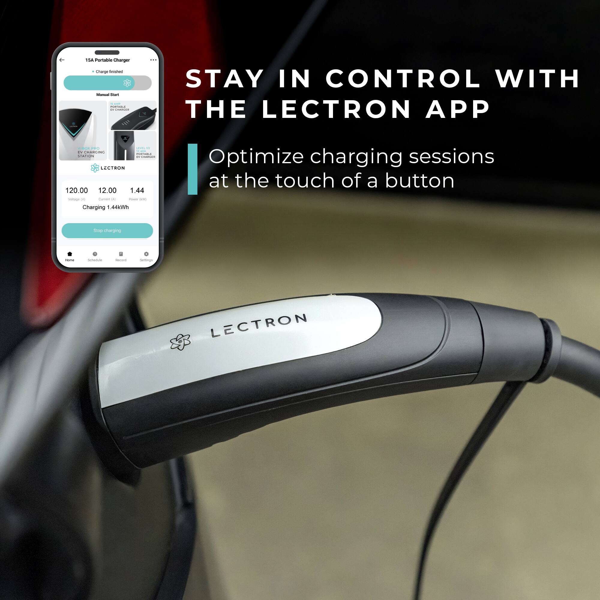 Stay in control with the Lectron app. Optimize charging sessions at the touch of a button. Charging 1.46kWh.