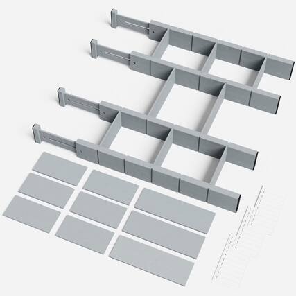 Front. Tooloton - 4 Pack Adjustable Bamboo Drawer Organizers with 9 Inserts and Labels, Expandable Dividers (17-22 Inch, Grey) - Grey.