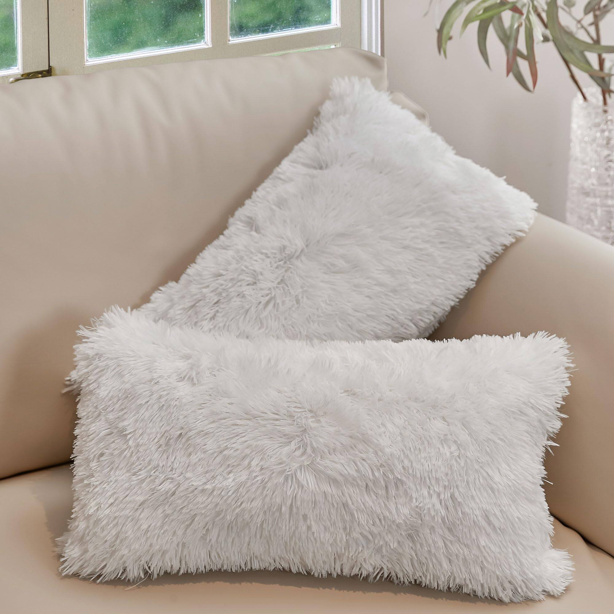 Front. Cheer Collection - 2-Pack Long Hair Shaggy Faux Fur Throw Lumbar Pillows - White.
