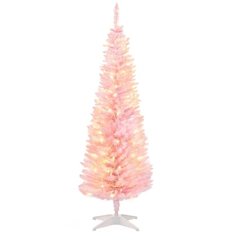 PULUZ - 5ft Pencil Christmas Tree, Slim Artificial Christmas Tree with Realistic Branches and Warm White LED Lights - Pink