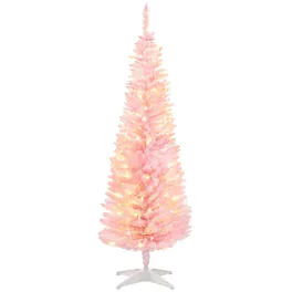 PULUZ - 5ft Pencil Christmas Tree, Slim Artificial Christmas Tree with Realistic Branches and Warm White LED Lights - Pink