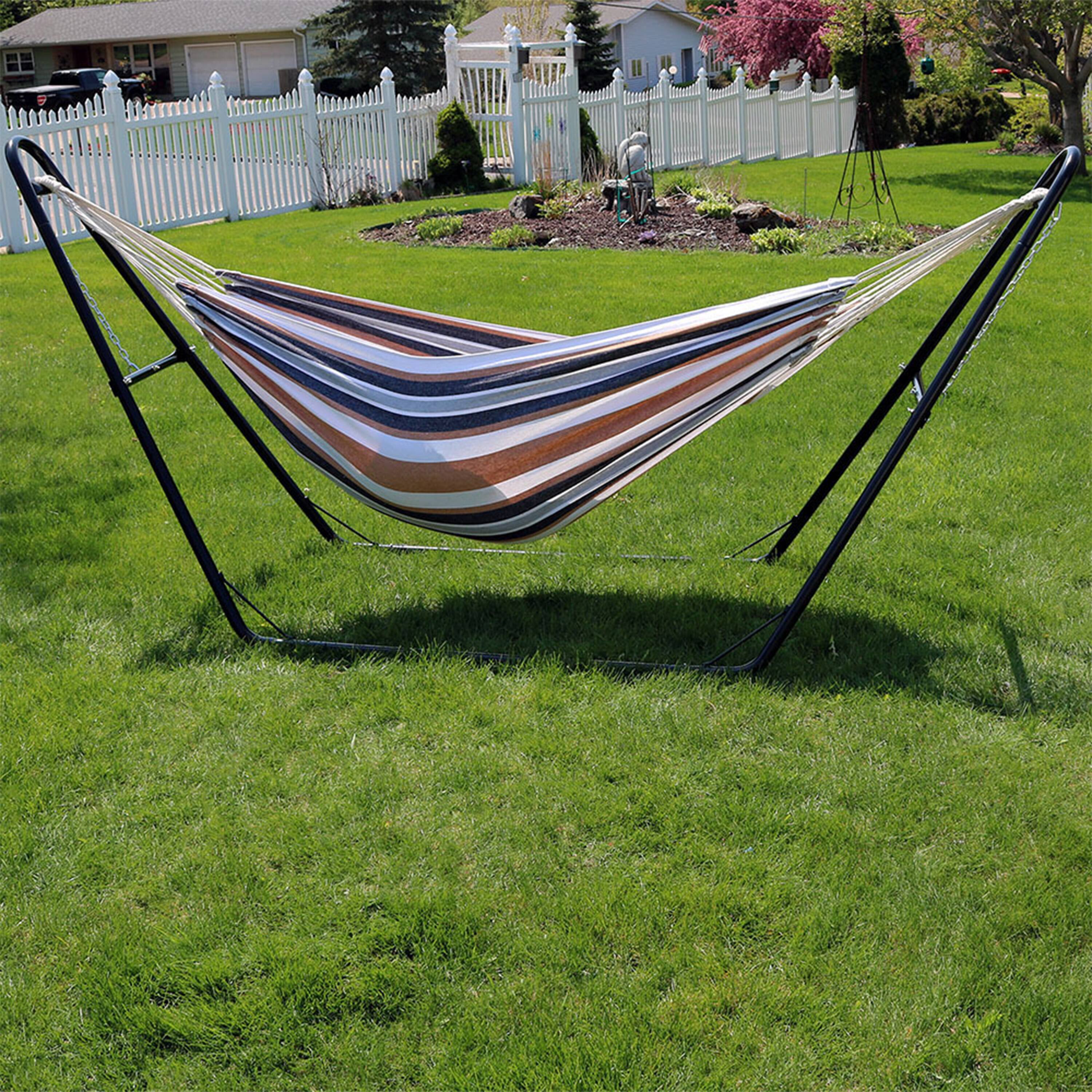Alt View 1. Sunnydaze - 2-Person Fabric Hammock with Universal Steel Stand - Calming Desert.