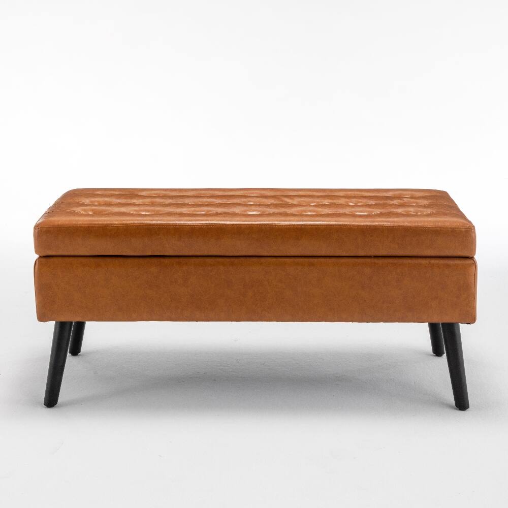 Alt View 1. Ropilly - Ropilly 43.3 Inch Brown Leather Storage Bench End of Bed Ottoman Entryway Bench with Wood Legs - Brown.