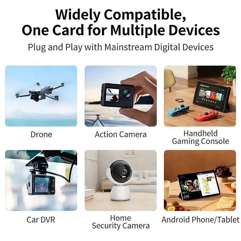 Widely Compatible, One Card for Multiple Devices

Plug and Play with Mainstream Digital Devices

- Drone
- Action Camera
- Handheld Gaming Console
- Car DVR
- Home Security Camera
- Android Phone/Tablet