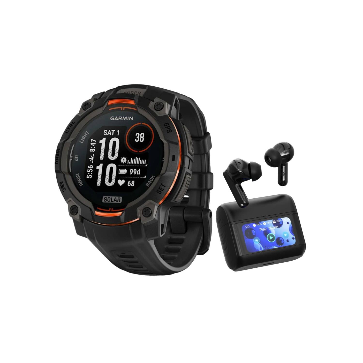 TORCH  
GARMIN CTRL LIGHT SAT 1 38 GPS MENU 8:47 10 UP s.Julow 5:56 99d DOWN 10 68 BACK ABC SET SOLAR  
100% Play Music