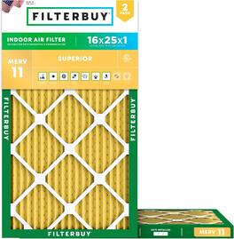 Filterbuy - 16x25x1 MERV 11 Pet & Allergy Defense, Electrostatic Pleated HVAC AC Furnace Air Filters Replacement (2-Pack) - Gold