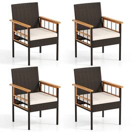 Gymax - Set of 4 Patio Dining Chairs w/ Removable Padded Cushion Acacia Wood Armrests Natural & Mix Brown Outdoor - White