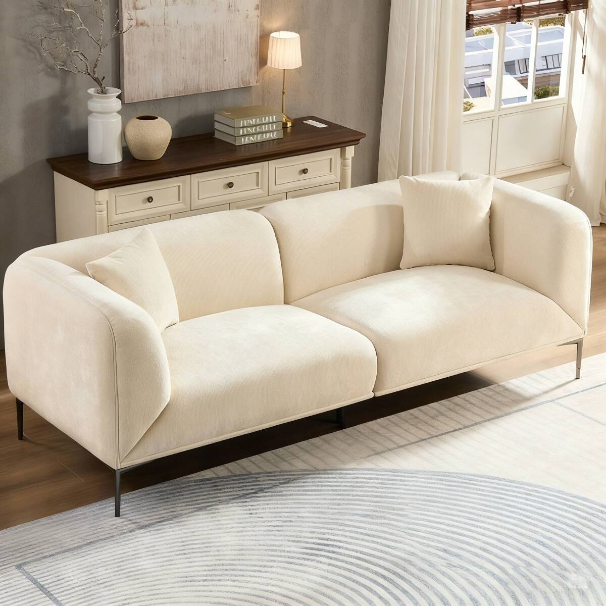 Ropilly modern beige 3 seater sofa, boucle fabric sofa with curved arms ...
