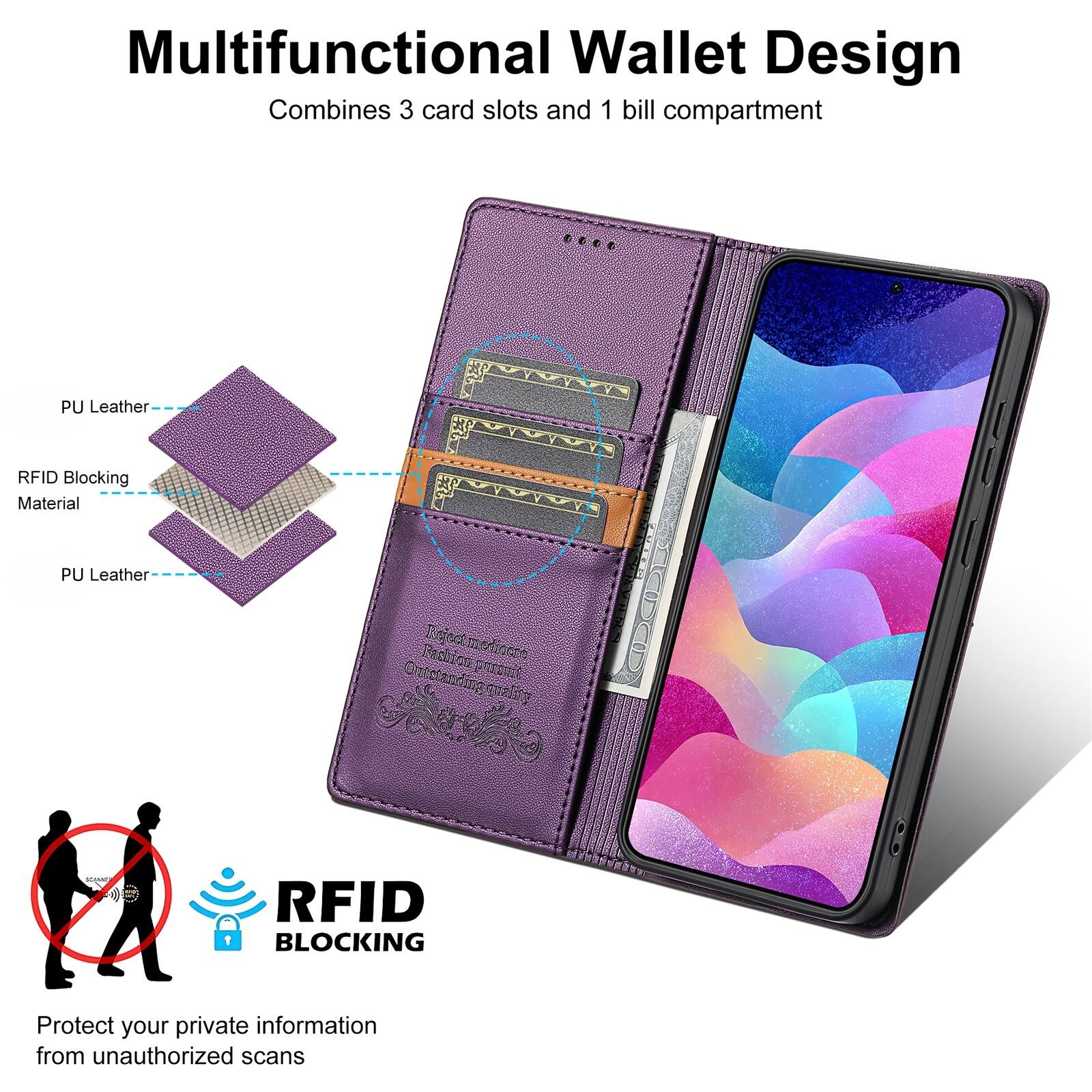 Multifunctional Wallet Design Combines 3 card slots and 1 bill compartment

PU Leather RFID Blocking Material

Protect your private information from unauthorized scans