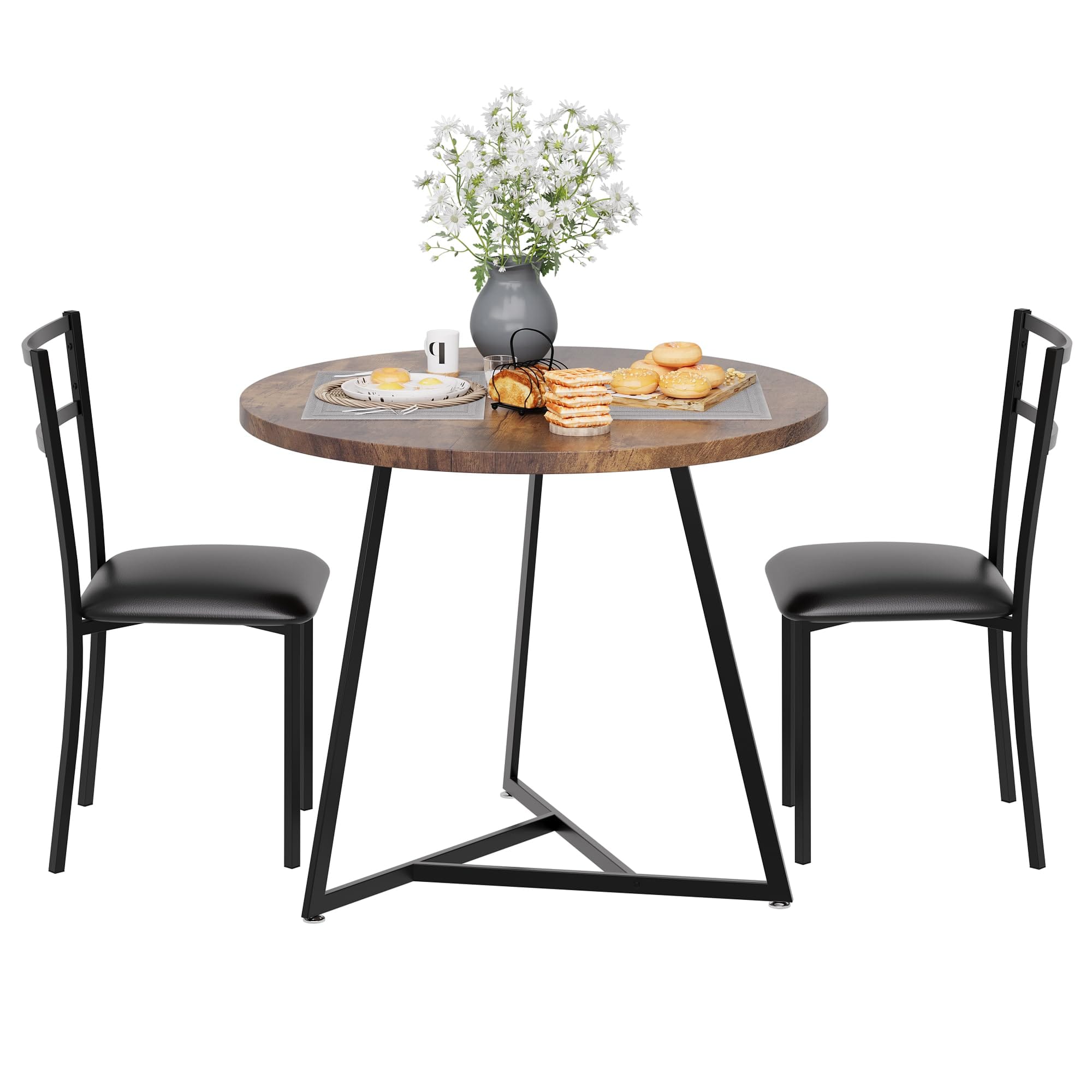 Acekool - Dining Table Set for 2, Round Kitchen Table and Chairs for 2, Modern Dining Room Table Set with 2 Metal and Wood Chairs - Brown