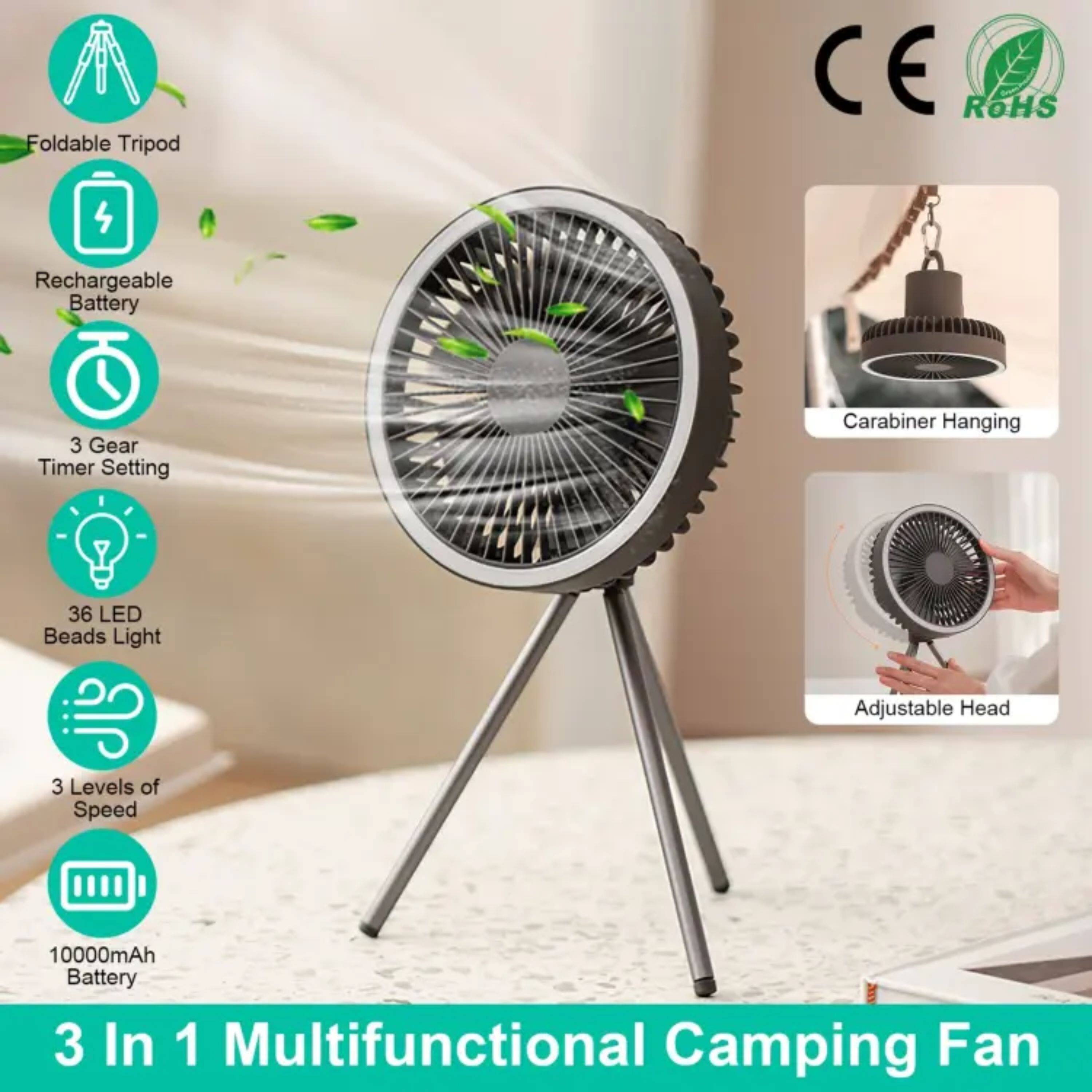 Foldable Tripod  
CE ROHS  
Rechargeable Battery  
3 Gear Timer Setting  
Carabiner Hanging  
36 LED Beads Light  
Adjustable Head  
3 Levels of Speed  
10000mAh Battery  
3 In 1 Multifunctional Camping Fan