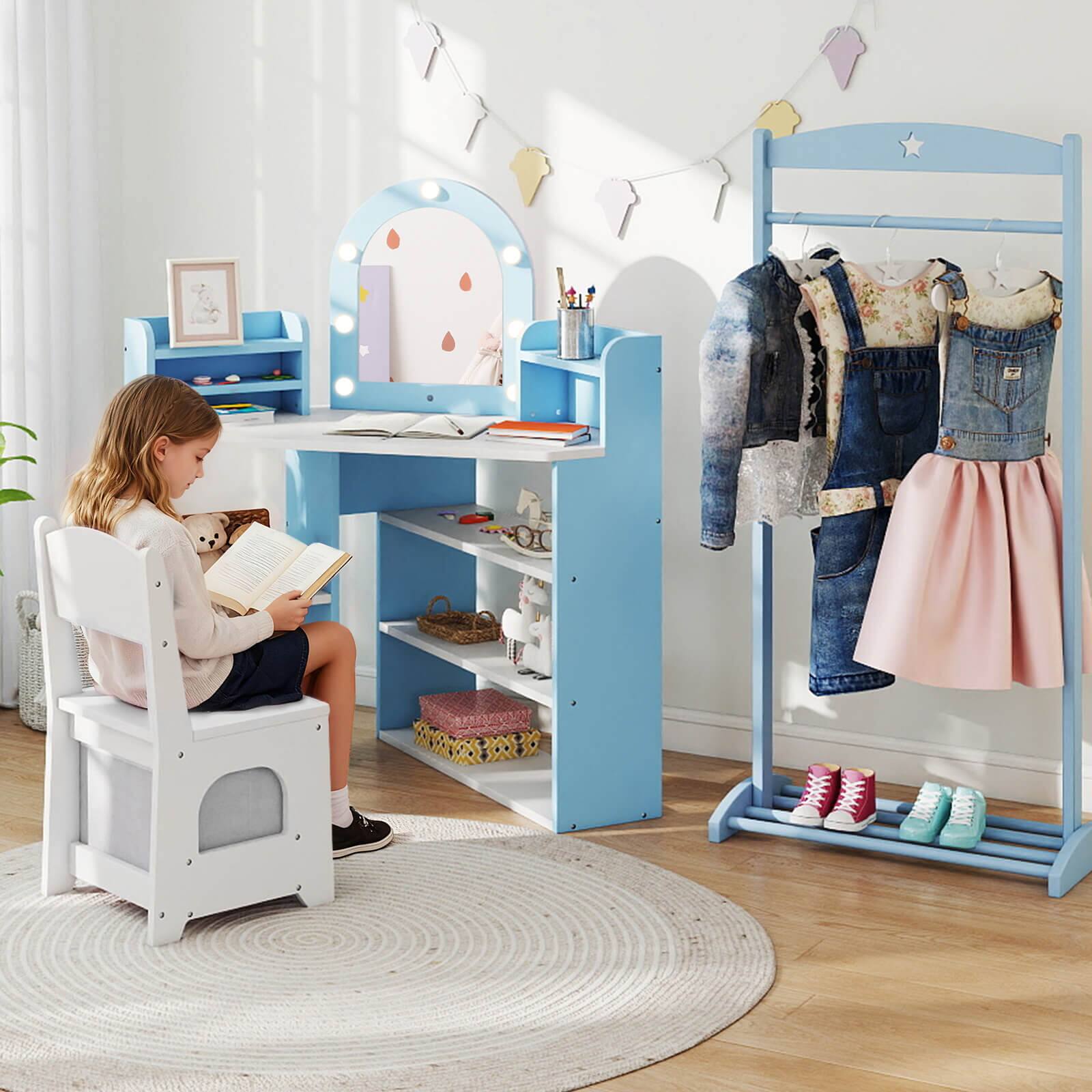 Alt View 4. Costway - Costway Corner Kids Vanity with Lights, 3 Storage Shelves, 5 Open Compartments, Accessories - Blue + White.