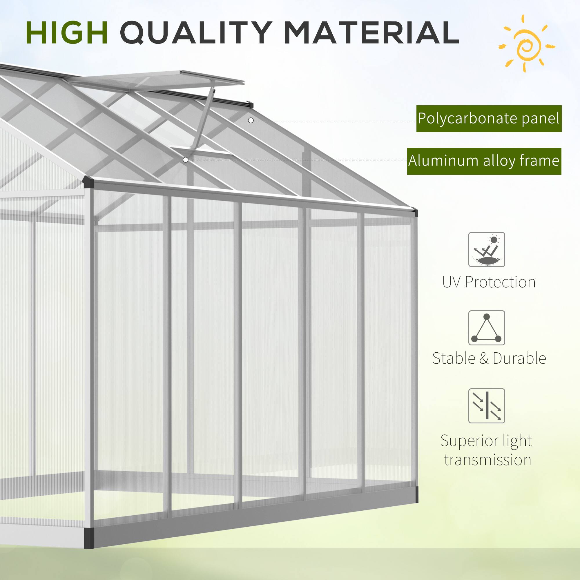 HIGH QUALITY MATERIAL
Polycarbonate panel
Aluminum alloy frame
UV Protection
Stable & Durable
Superior light transmission