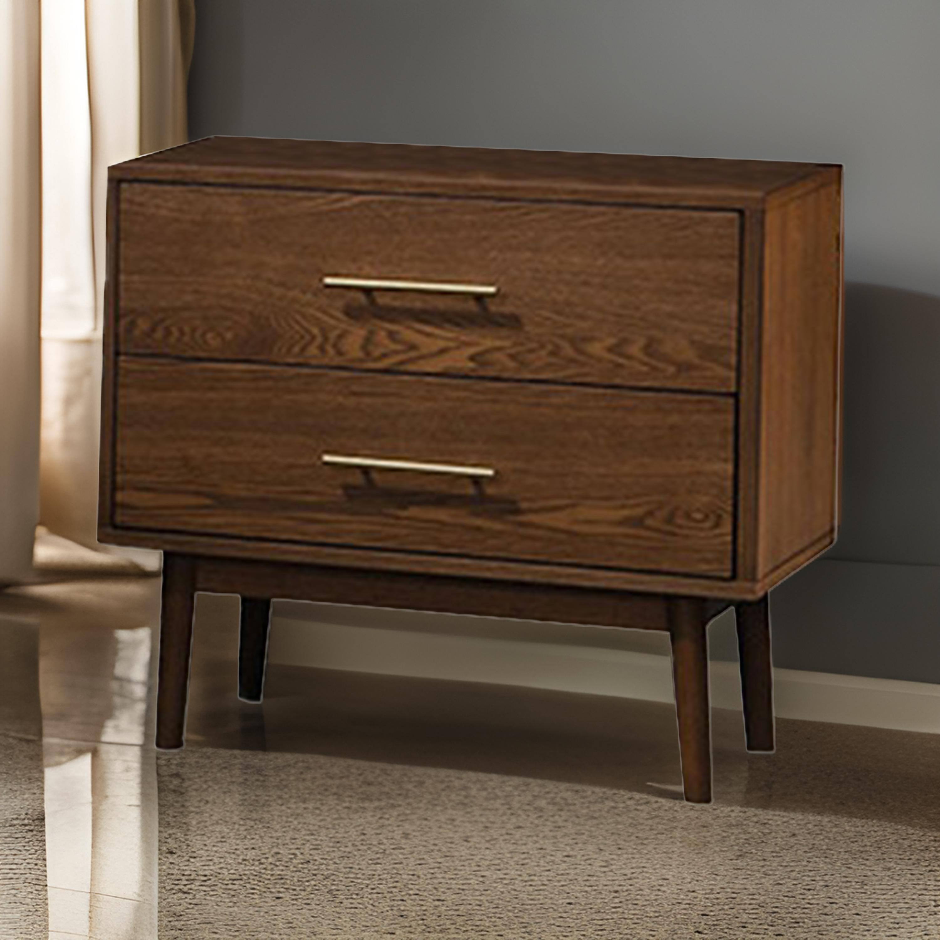Alt View 5. Manhattan Lane - Roma Nightstand, 2 Drawers, Nickel Bar Handles,Solid Wood - Walnut Brown, Nickel.