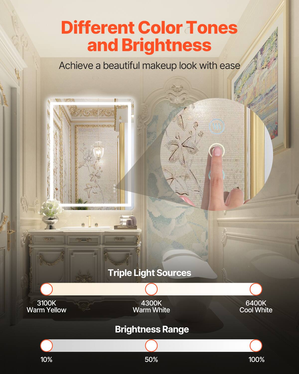 Different Color Tones and Brightness  
Achieve a beautiful makeup look with ease  

Triple Light Sources  
3100K Warm Yellow  
4300K Warm White  
6400K Cool White  

Brightness Range  
10%  
50%  
100%