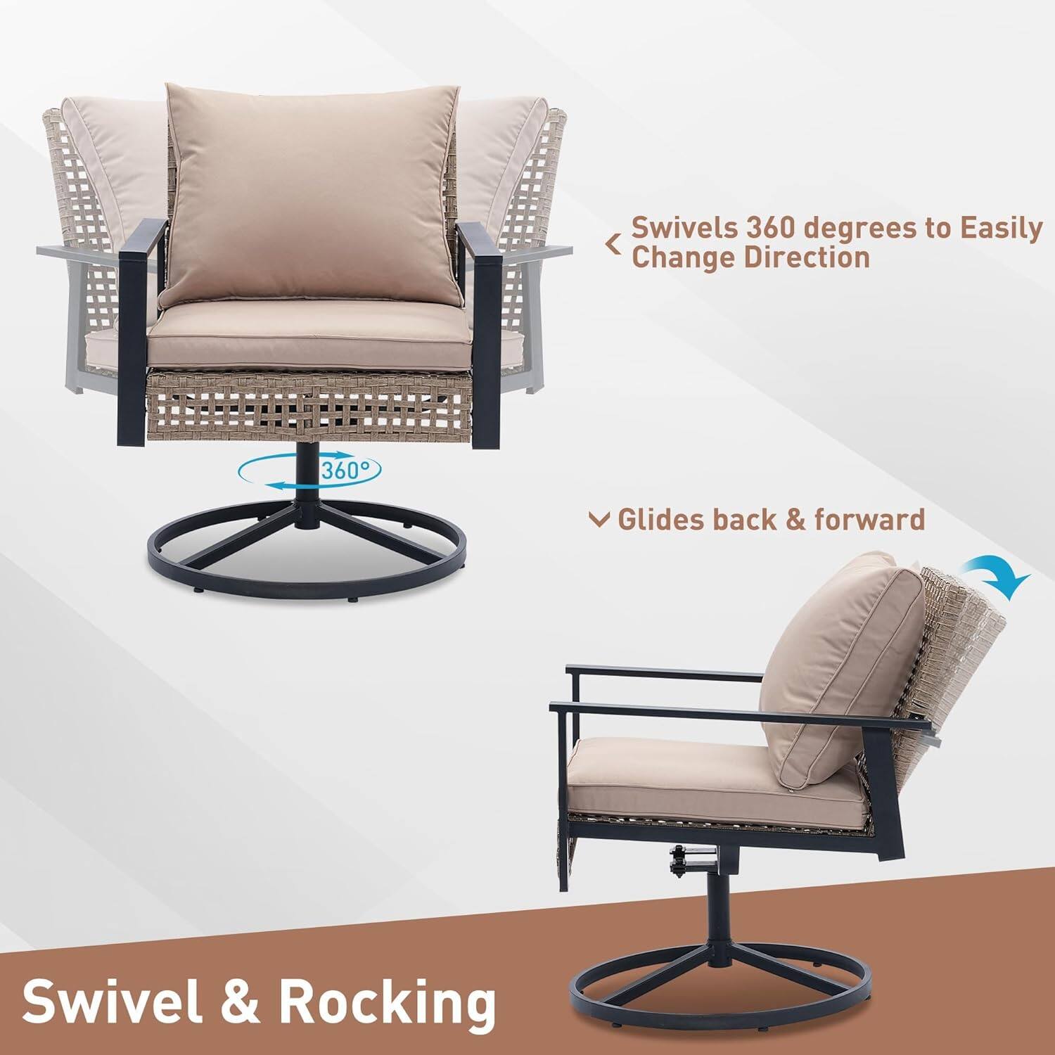 Swivels 360 degrees to Easily Change Direction  
Glides back & forward  
Swivel & Rocking